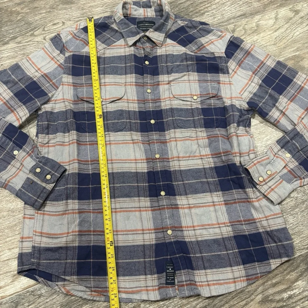 Lucky Brand Pearl Snap Blue White Plaid Flannel Sz L Western Saturday Stretch